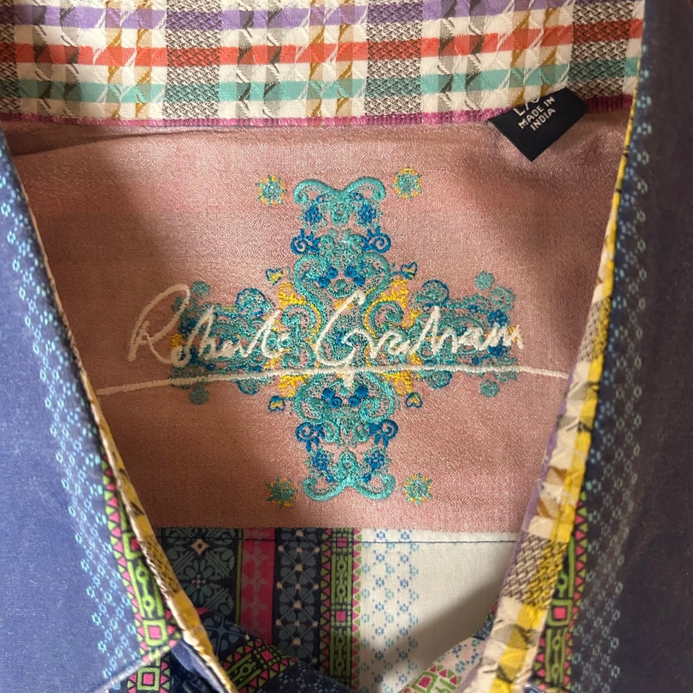 Robert Graham Mens L Blue Pink Striped Western Rodeo Button Down Cotton Silk - Picture 7 of 9